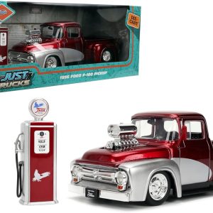 Jada Toys Just Trucks 1:24 1956 Ford F-100 Die-cast Car & Gas Pump – Opening Doors, Hood, Trunk, Rubber Tires(Candy Red/Silver)