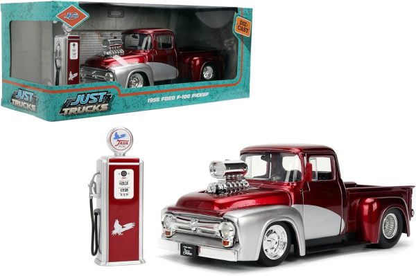 Jada Toys Just Trucks 1:24 1956 Ford F-100 Die-cast Car & Gas Pump – Opening Doors, Hood, Trunk, Rubber Tires(Candy Red/Silver)