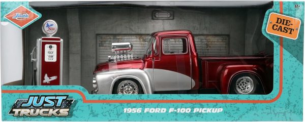 Jada Toys Just Trucks 1:24 1956 Ford F-100 Die-cast Car & Gas Pump – Opening Doors, Hood, Trunk, Rubber Tires(Candy Red/Silver) - Image 2