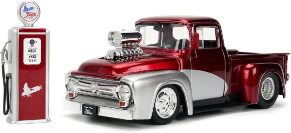 Jada Toys Just Trucks 1:24 1956 Ford F-100 Die-cast Car & Gas Pump – Opening Doors, Hood, Trunk, Rubber Tires(Candy Red/Silver) - Image 3