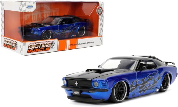 Jada Toys Bigtime Muscle 1:24 1970 Ford Mustang Boss 429 Die-cast Car – Opening Doors, Hood, Trunk, Rubber Tires(Candy Blue/Black Flames)
