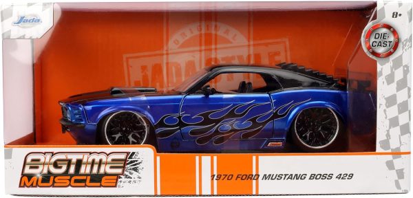 Jada Toys Bigtime Muscle 1:24 1970 Ford Mustang Boss 429 Die-cast Car – Opening Doors, Hood, Trunk, Rubber Tires(Candy Blue/Black Flames) - Image 2