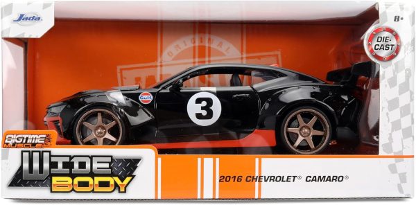 Jada Toys Bigtime Muscle 1:24 2016 Chevy Camaro SS Gulf Die-cast Car – Opening Doors, Hood, Trunk, Rubber Tires(Black) - Image 2