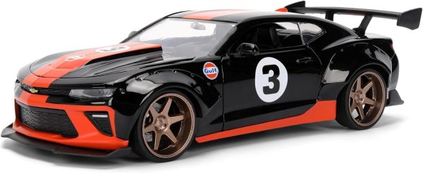 Jada Toys Bigtime Muscle 1:24 2016 Chevy Camaro SS Gulf Die-cast Car – Opening Doors, Hood, Trunk, Rubber Tires(Black) - Image 8