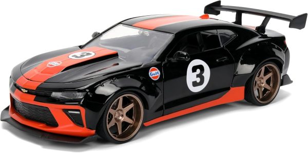 Jada Toys Bigtime Muscle 1:24 2016 Chevy Camaro SS Gulf Die-cast Car – Opening Doors, Hood, Trunk, Rubber Tires(Black) - Image 9