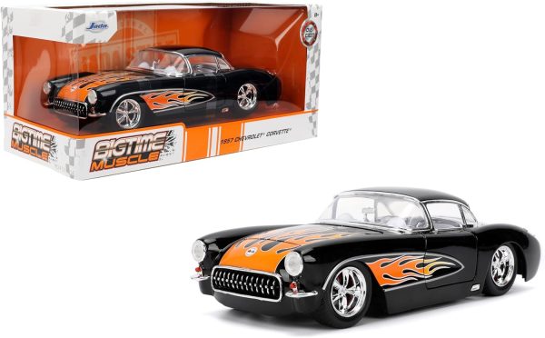 Jada Toys Bigtime Muscle 1:24 1957 Chevy Corvette Die-cast Car – Opening Doors, Hood, Trunk, Rubber Tires(Glossy Black Flames)