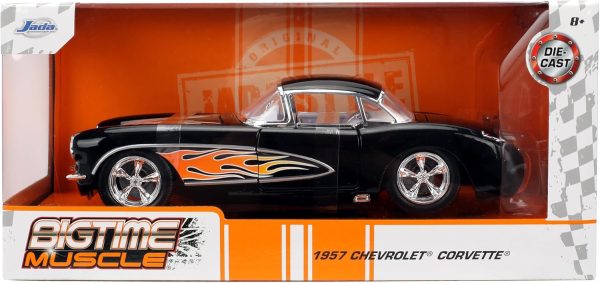 Jada Toys Bigtime Muscle 1:24 1957 Chevy Corvette Die-cast Car – Opening Doors, Hood, Trunk, Rubber Tires(Glossy Black Flames) - Image 2