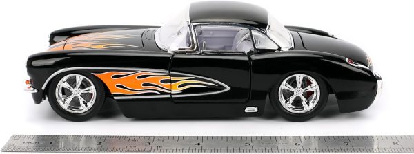 Jada Toys Bigtime Muscle 1:24 1957 Chevy Corvette Die-cast Car – Opening Doors, Hood, Trunk, Rubber Tires(Glossy Black Flames) - Image 3