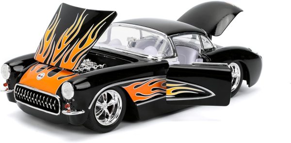 Jada Toys Bigtime Muscle 1:24 1957 Chevy Corvette Die-cast Car – Opening Doors, Hood, Trunk, Rubber Tires(Glossy Black Flames) - Image 4