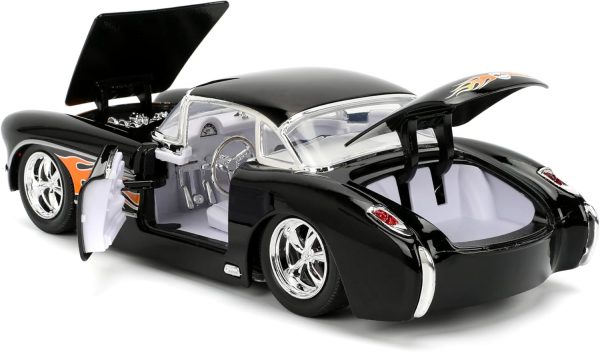 Jada Toys Bigtime Muscle 1:24 1957 Chevy Corvette Die-cast Car – Opening Doors, Hood, Trunk, Rubber Tires(Glossy Black Flames) - Image 5