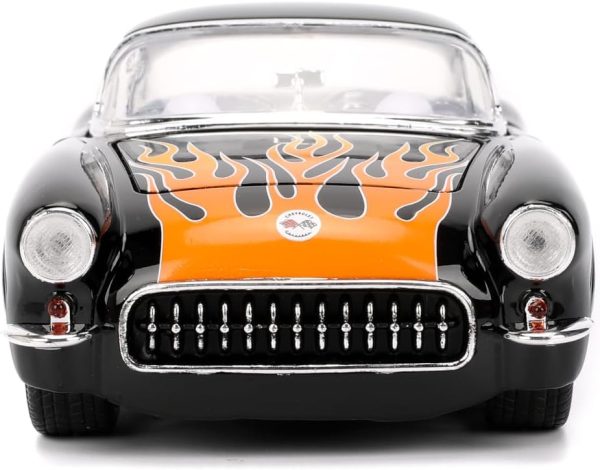 Jada Toys Bigtime Muscle 1:24 1957 Chevy Corvette Die-cast Car – Opening Doors, Hood, Trunk, Rubber Tires(Glossy Black Flames) - Image 6