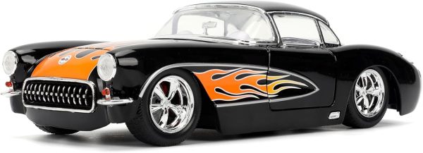 Jada Toys Bigtime Muscle 1:24 1957 Chevy Corvette Die-cast Car – Opening Doors, Hood, Trunk, Rubber Tires(Glossy Black Flames) - Image 8