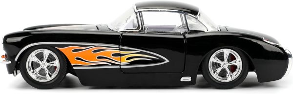 Jada Toys Bigtime Muscle 1:24 1957 Chevy Corvette Die-cast Car – Opening Doors, Hood, Trunk, Rubber Tires(Glossy Black Flames) - Image 9