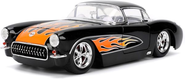Jada Toys Bigtime Muscle 1:24 1957 Chevy Corvette Die-cast Car – Opening Doors, Hood, Trunk, Rubber Tires(Glossy Black Flames) - Image 10